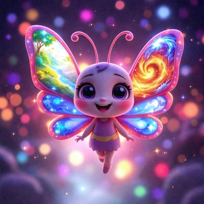 The primary subject of the image is a colorful butterfly, which is the main focus of the scene. The butterfly is flying in a brightly colored, star-filled sky, creating a vibrant and lively atmosphere. The visual style of the image is digital art, as it appears to be a digital illustration or drawing. The colors and mood of the image are predominantly bright and cheerful, with the butterfly and the star-filled sky contributing to the overall positive and uplifting